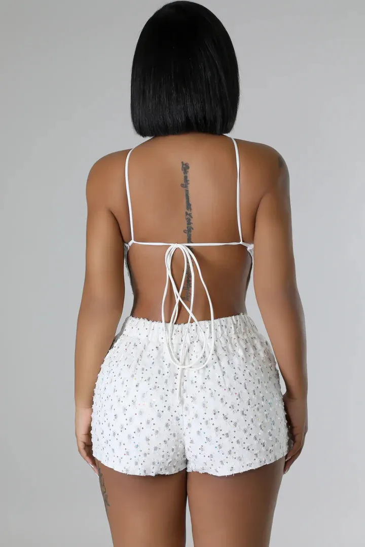 Women's Sequin Fun White Self-tie string Mini Skort Set