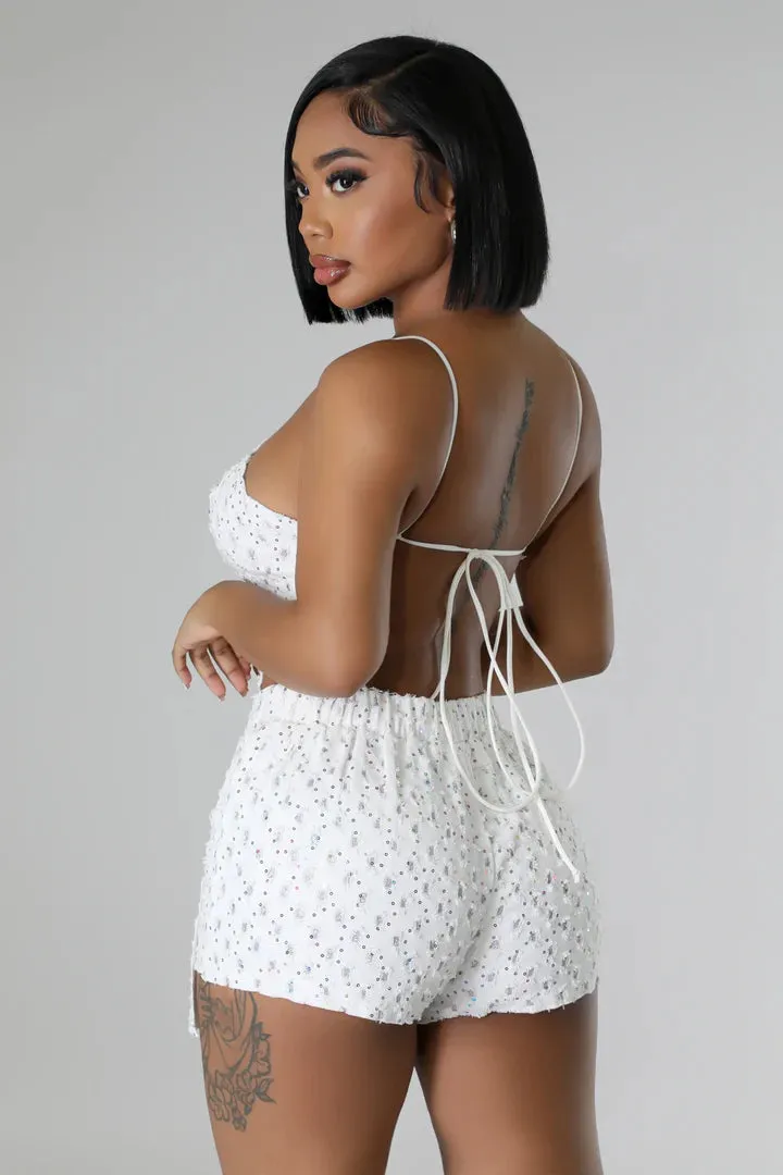 Women's Sequin Fun White Self-tie string Mini Skort Set