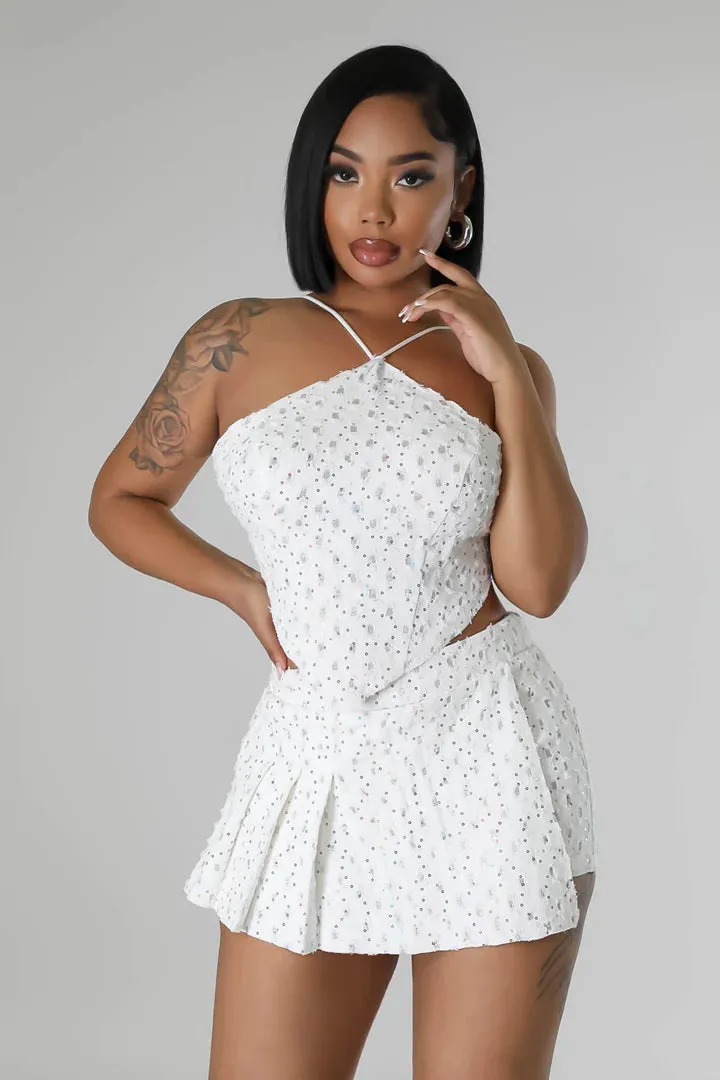 Women's Sequin Fun White Self-tie string Mini Skort Set