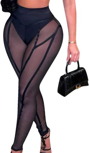 Women's Sexy See Through Sheer Mesh Pants Leggings High Waist Casual Sweatpants Tights