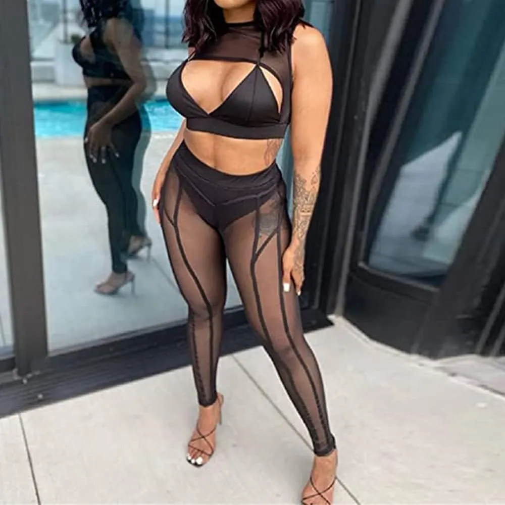 Women's Sexy See Through Sheer Mesh Pants Leggings High Waist Casual Sweatpants Tights