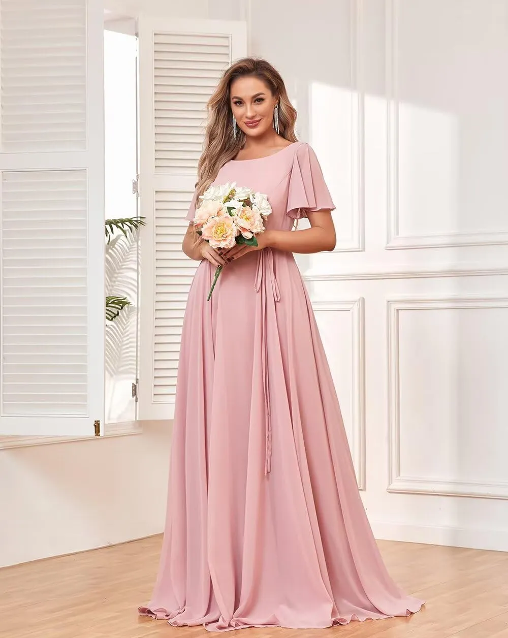 Women's Short Sleeve Bridesmaid Dresses Chiffon Formal Evening Party Gown