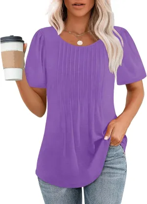 Womens Short Sleeve Crew Neck Pleated Shirts Summer Casual Trendy Vintage T-Shirts Lightweight Going Out Blouses