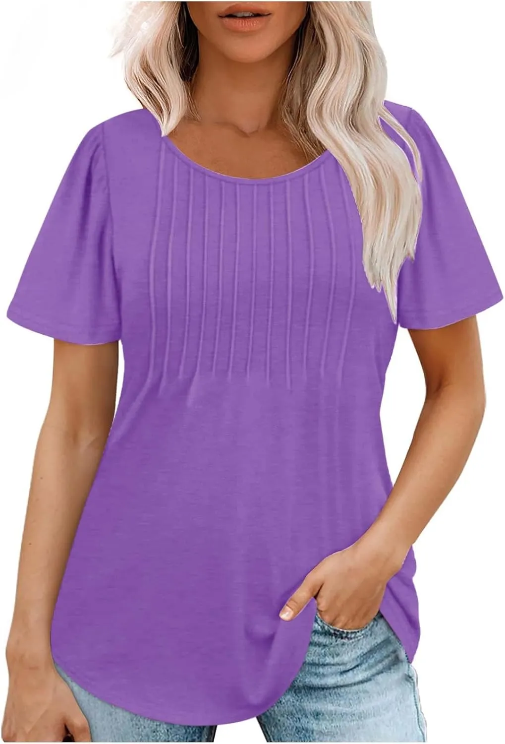 Womens Short Sleeve Crew Neck Pleated Shirts Summer Casual Trendy Vintage T-Shirts Lightweight Going Out Blouses