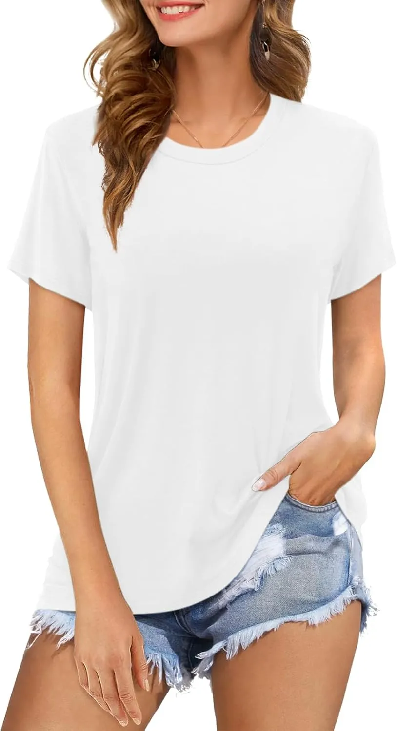 Womens Short Sleeve T Shirts Crewneck Summer Trendy Solid Basic Tee Tops Casual Summer Loose Fit Shirts