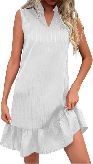 Womens Sleeveless Tank Dresses Summer Notch V Neck Ruffle Hem Sundress Casual Mini Dress Holiday Vacation Outfits