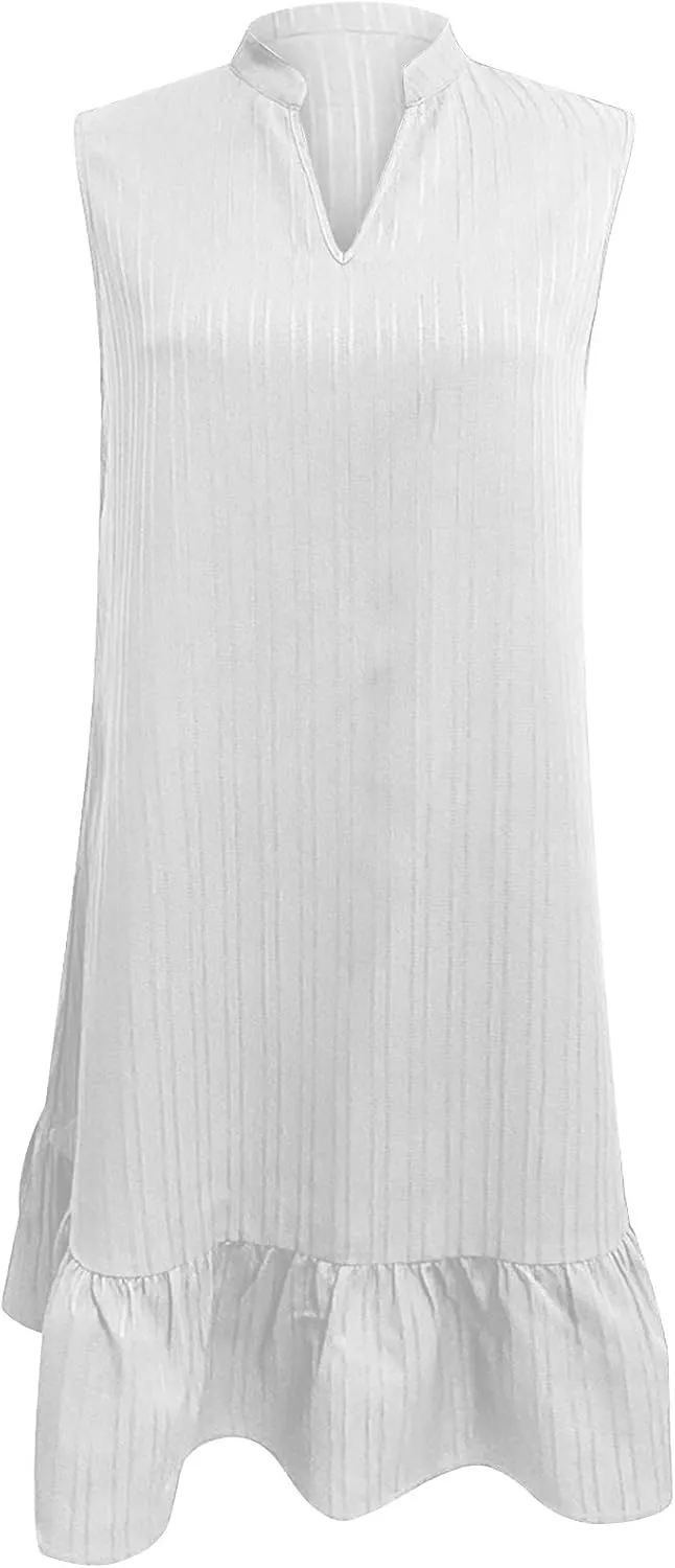 Womens Sleeveless Tank Dresses Summer Notch V Neck Ruffle Hem Sundress Casual Mini Dress Holiday Vacation Outfits