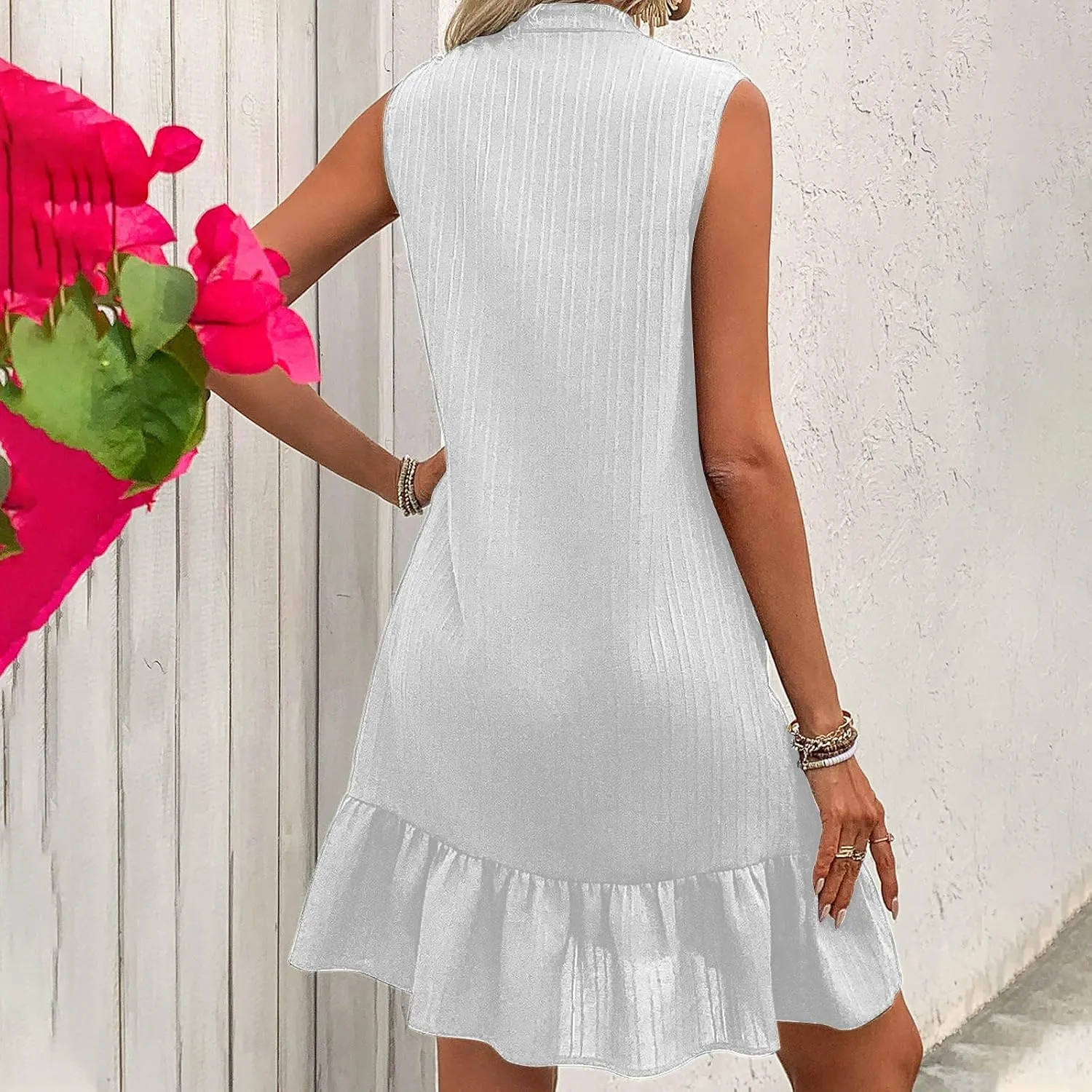 Womens Sleeveless Tank Dresses Summer Notch V Neck Ruffle Hem Sundress Casual Mini Dress Holiday Vacation Outfits