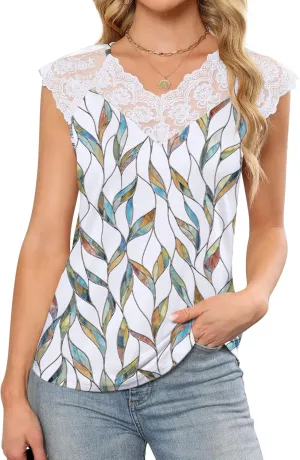 Women's Sleeveless Tops Lace Floral Dressy Casual V Neck Shirts Loose Cami Blouses Tank