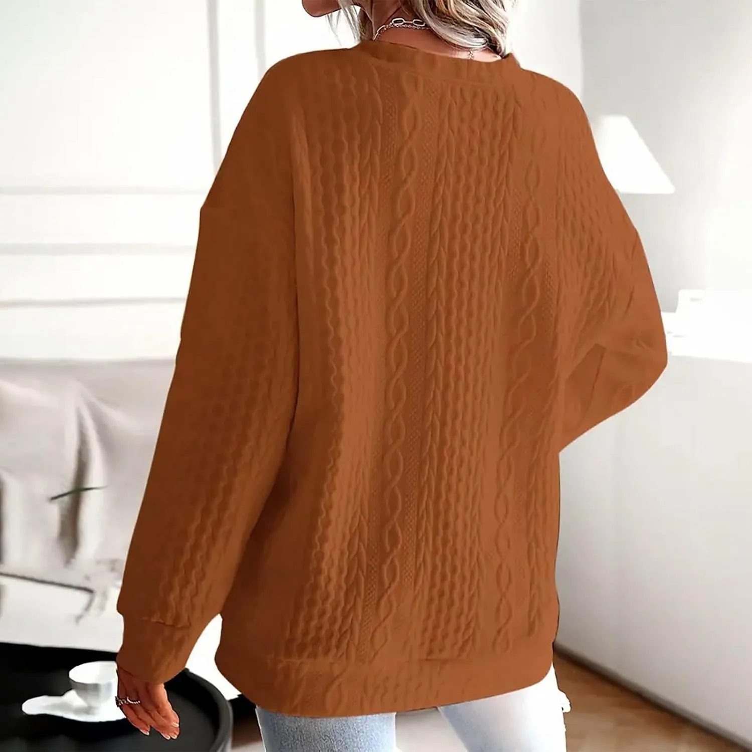 Womens Solid Oversized Sweatshirt Long Sleeve Pullover Tops Sweatshirt Long Sleeved Round Neck Sweaters
