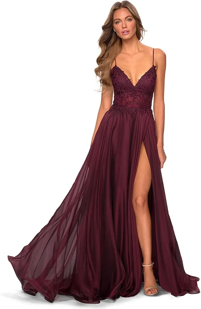 Women's Spaghetti Straps Prom Dresses with Slit Long Lace Appliques V-Neck Chiffon Formal Evening Party Gown