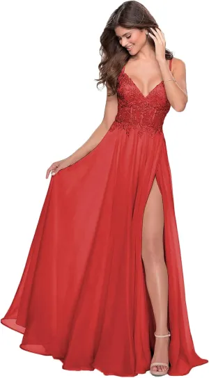 Women's Spaghetti Straps Prom Dresses with Slit Long Lace Appliques V-Neck Chiffon Formal Evening Party Gown