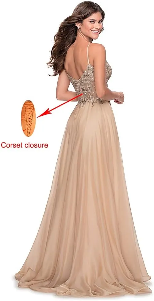Women's Spaghetti Straps Prom Dresses with Slit Long Lace Appliques V-Neck Chiffon Formal Evening Party Gown