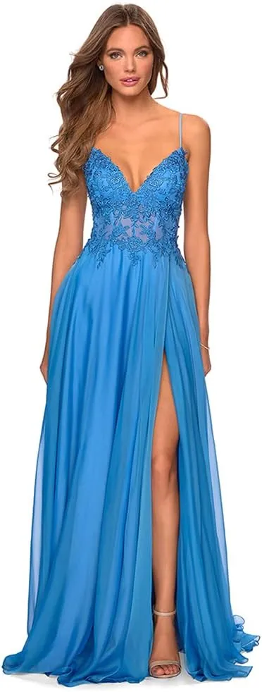Women's Spaghetti Straps Prom Dresses with Slit Long Lace Appliques V-Neck Chiffon Formal Evening Party Gown