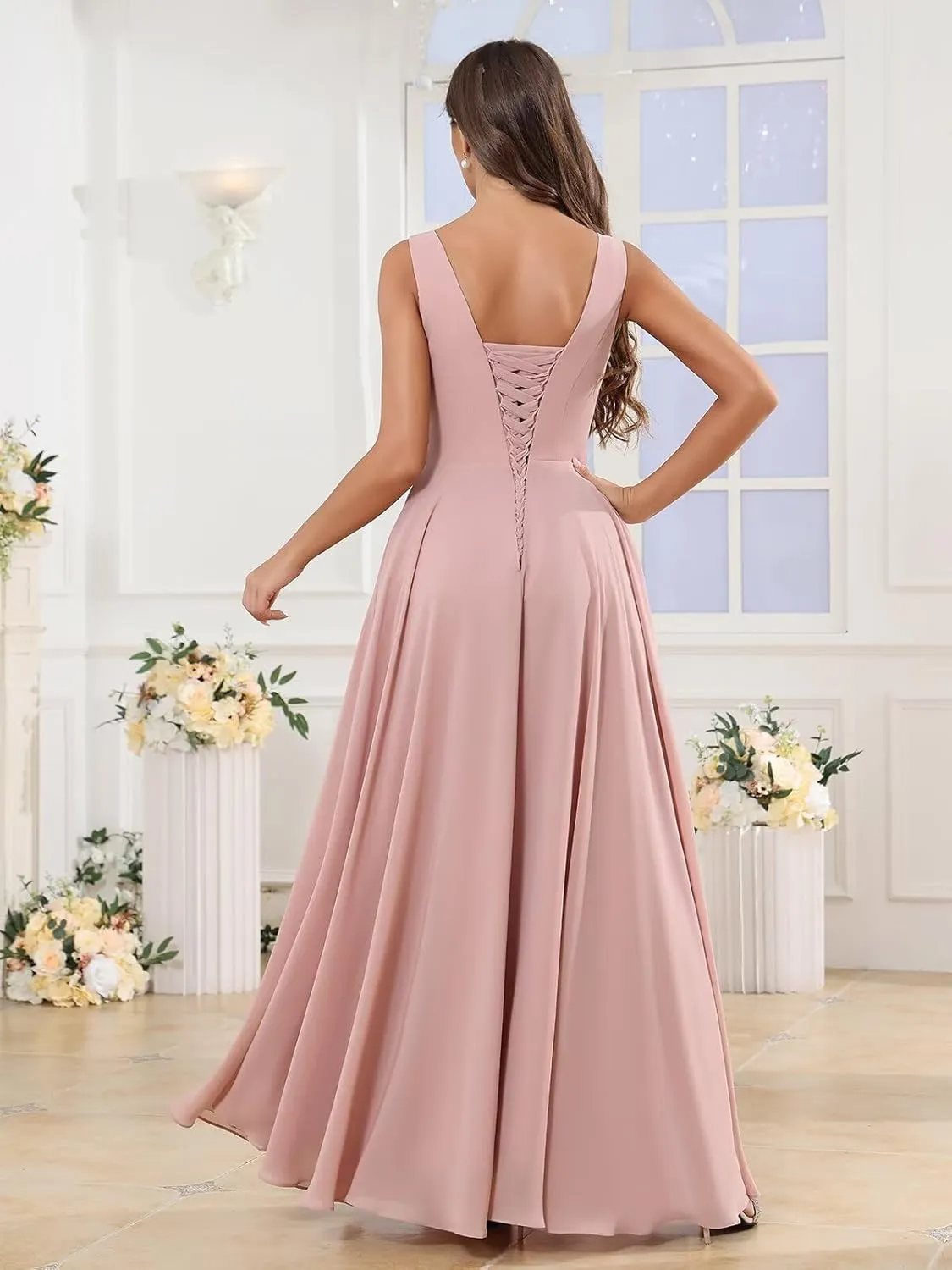 Women's Square Neck Chiffon Bridesmaid Dresses with Pockets Pleated A Line Formal Evening Dress with Slit
