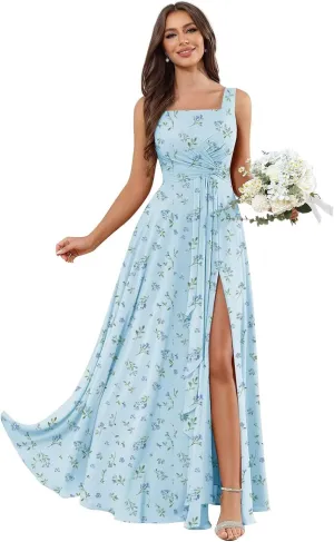 Women's Square Neck Chiffon Bridesmaid Dresses with Pockets Pleated A Line Formal Evening Dress with Slit