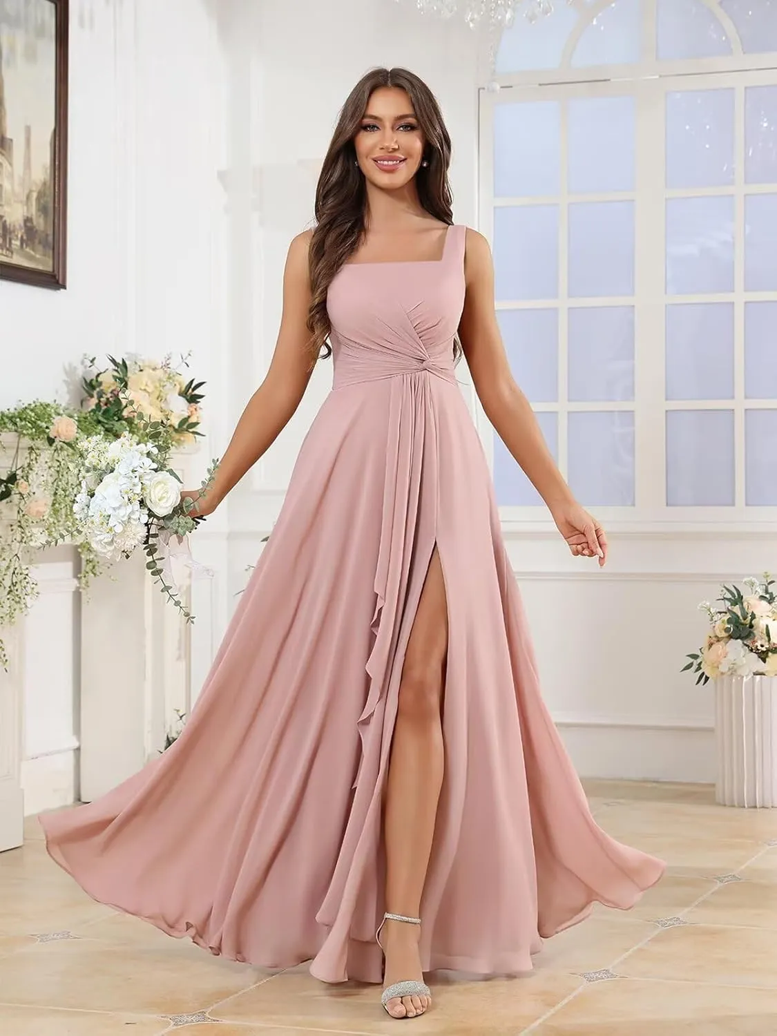 Women's Square Neck Chiffon Bridesmaid Dresses with Pockets Pleated A Line Formal Evening Dress with Slit