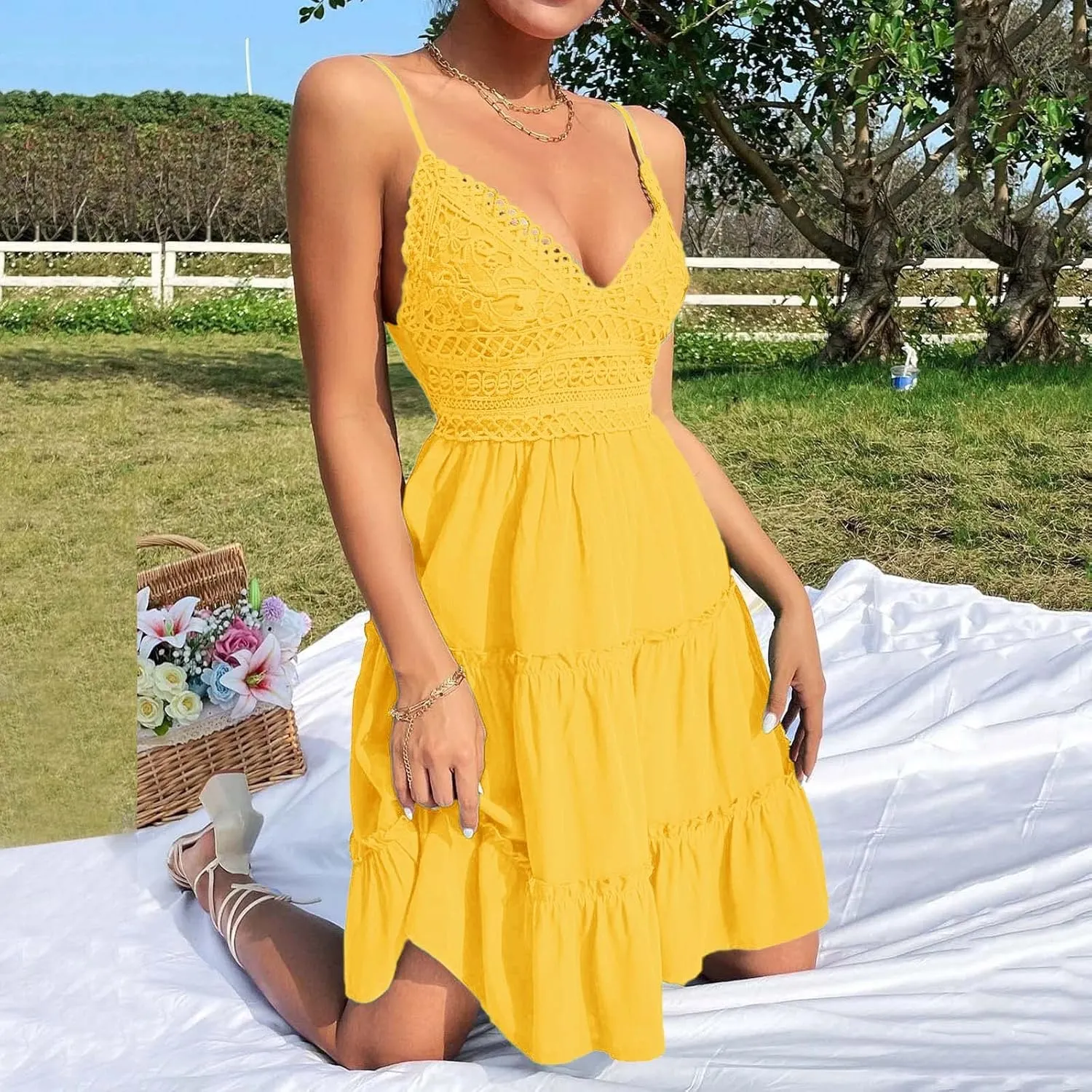 Women's Summer Casual Beach Sexy Sun Dresses Trendy Lace Flowy Sexy Summer Sun Dresses 2025 Camisole Vacation Spring