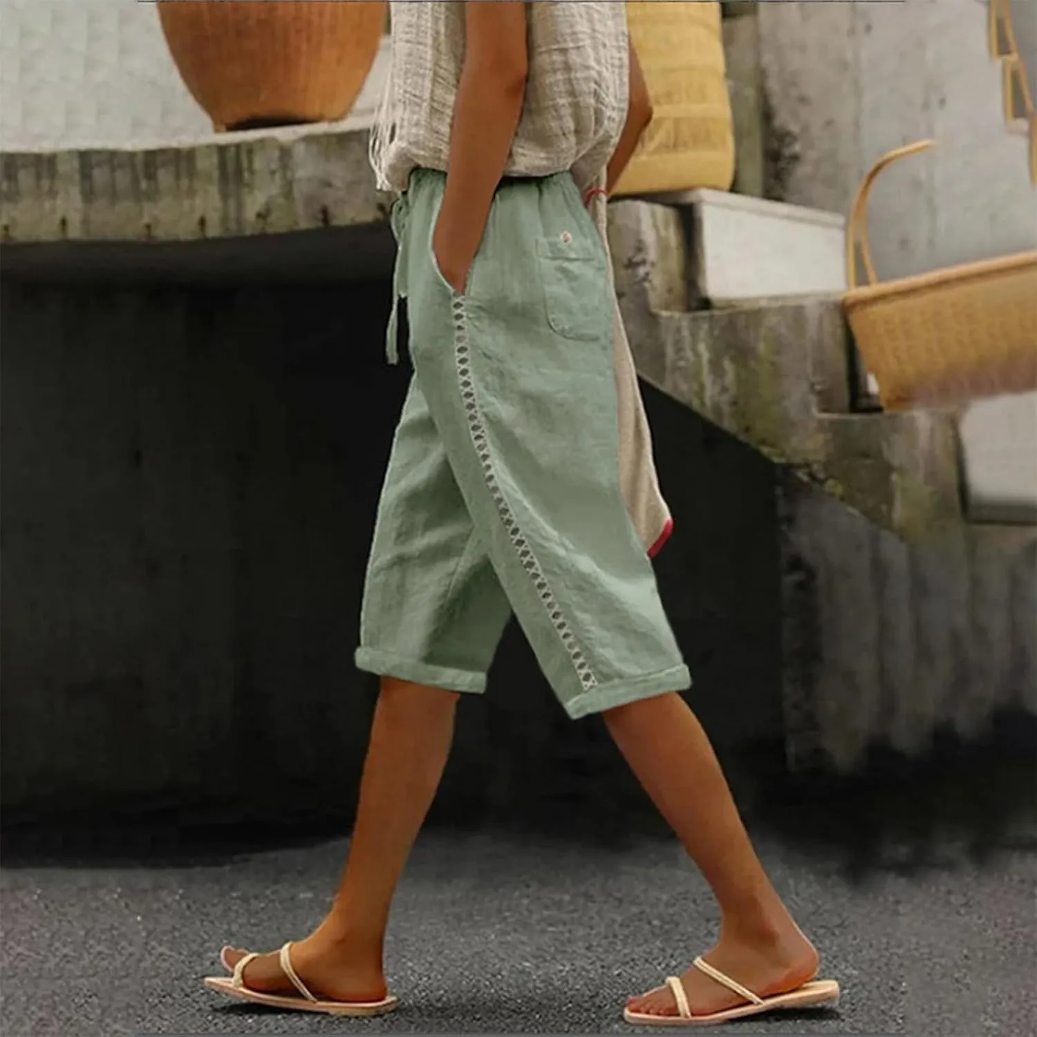 Women's Summer Casual Linen Pants Drawstring Waist Lightweight Capris Hollow Out Beach Cropped Trousers with Pockets