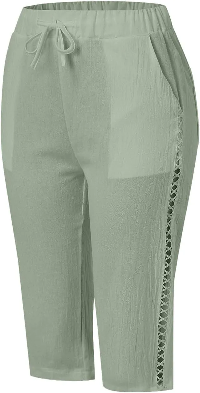 Women's Summer Casual Linen Pants Drawstring Waist Lightweight Capris Hollow Out Beach Cropped Trousers with Pockets