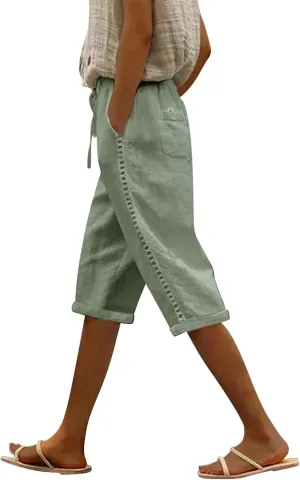 Women's Summer Casual Linen Pants Drawstring Waist Lightweight Capris Hollow Out Beach Cropped Trousers with Pockets