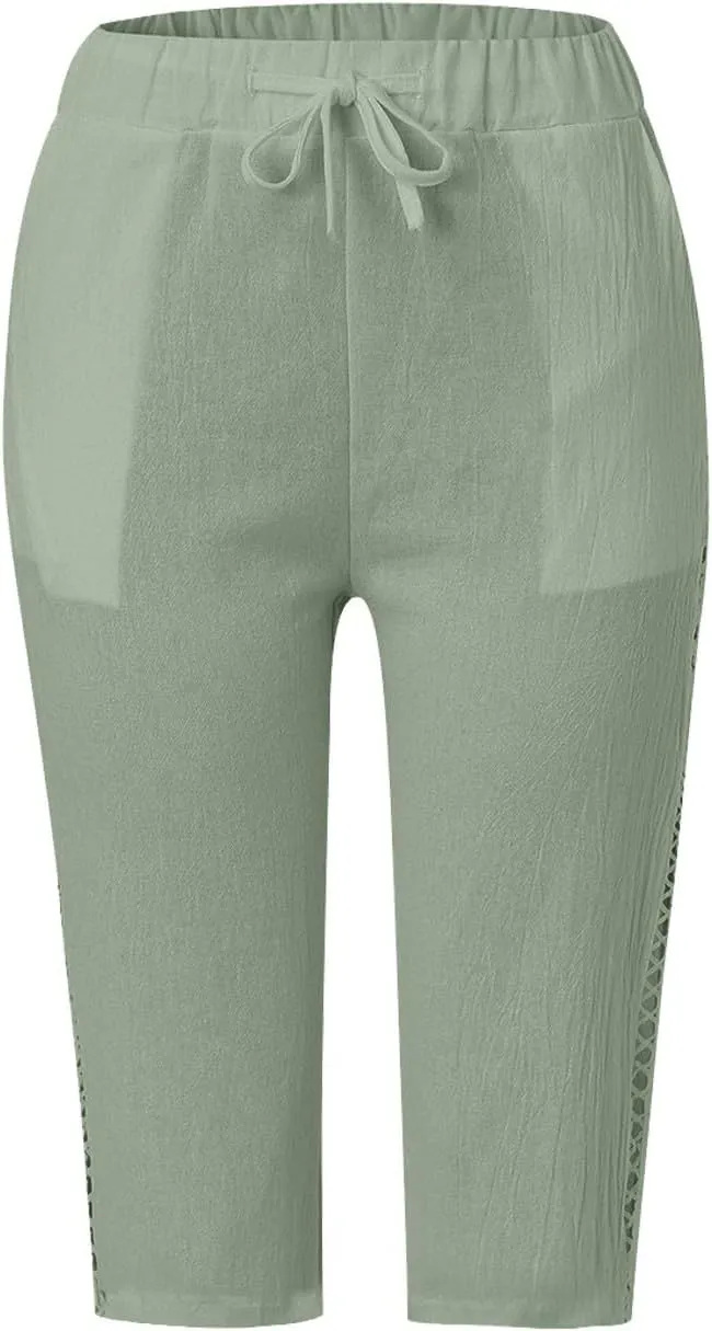 Women's Summer Casual Linen Pants Drawstring Waist Lightweight Capris Hollow Out Beach Cropped Trousers with Pockets