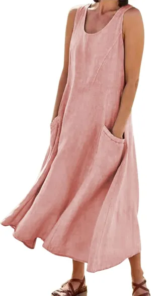 Women's Summer Cotton Linen Casual Long Shirt Dress Sleeveless Elegant Flowy Midi Dresses Loose Comfy with Pockets