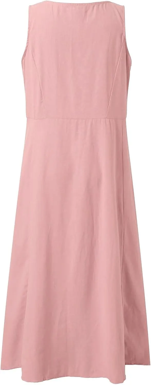 Women's Summer Cotton Linen Casual Long Shirt Dress Sleeveless Elegant Flowy Midi Dresses Loose Comfy with Pockets