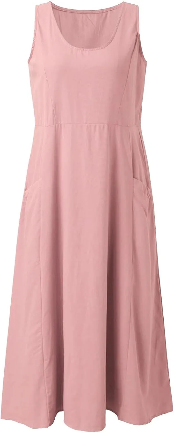 Women's Summer Cotton Linen Casual Long Shirt Dress Sleeveless Elegant Flowy Midi Dresses Loose Comfy with Pockets