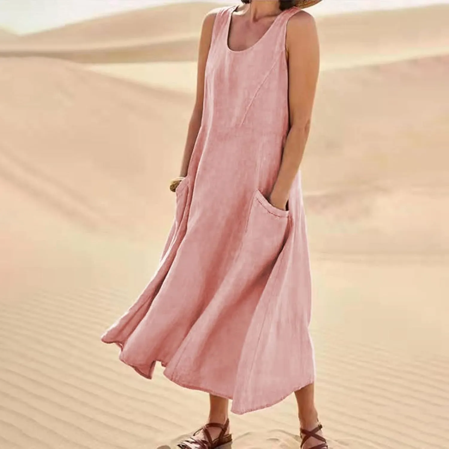 Women's Summer Cotton Linen Casual Long Shirt Dress Sleeveless Elegant Flowy Midi Dresses Loose Comfy with Pockets