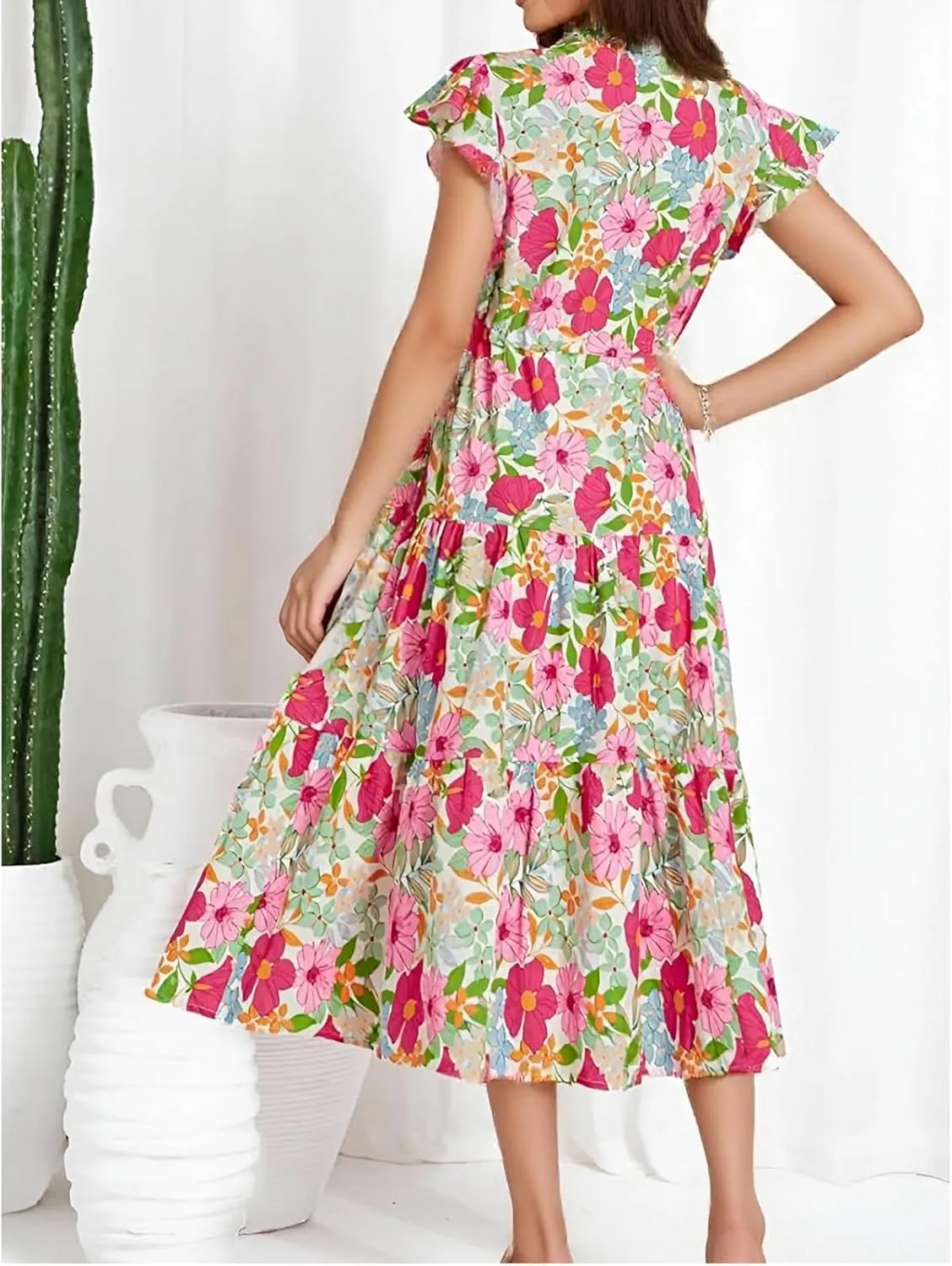 Womens Summer Dress Short Sleeve V-Neck Ruffle Tiered Midi Dresses Floral Printed Vacation Sundress with Fringe Belt