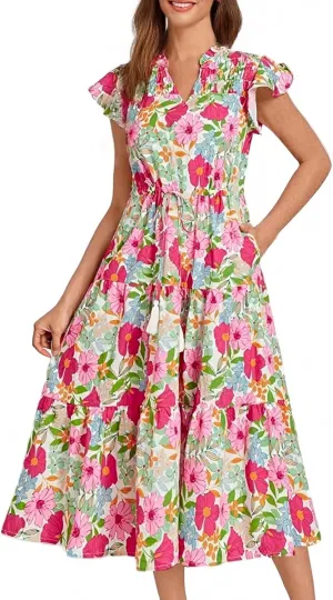 Womens Summer Dress Short Sleeve V-Neck Ruffle Tiered Midi Dresses Floral Printed Vacation Sundress with Fringe Belt