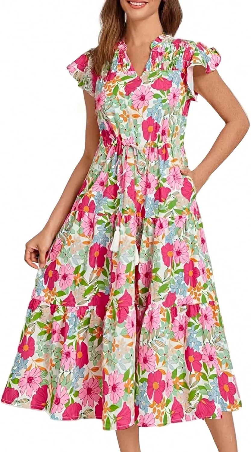 Womens Summer Dress Short Sleeve V-Neck Ruffle Tiered Midi Dresses Floral Printed Vacation Sundress with Fringe Belt