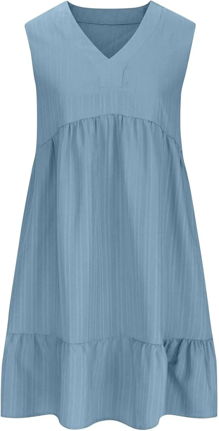 Womens Summer Dress Sleeveless V Neck Mini Dresses Fashion Casual Flowy Boho Ruffle A Line Swing Sundress 2025