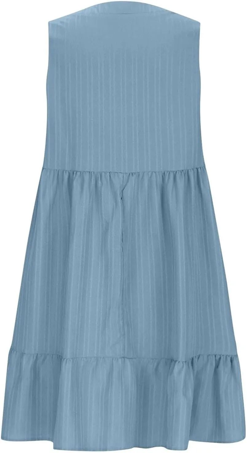 Womens Summer Dress Sleeveless V Neck Mini Dresses Fashion Casual Flowy Boho Ruffle A Line Swing Sundress 2025