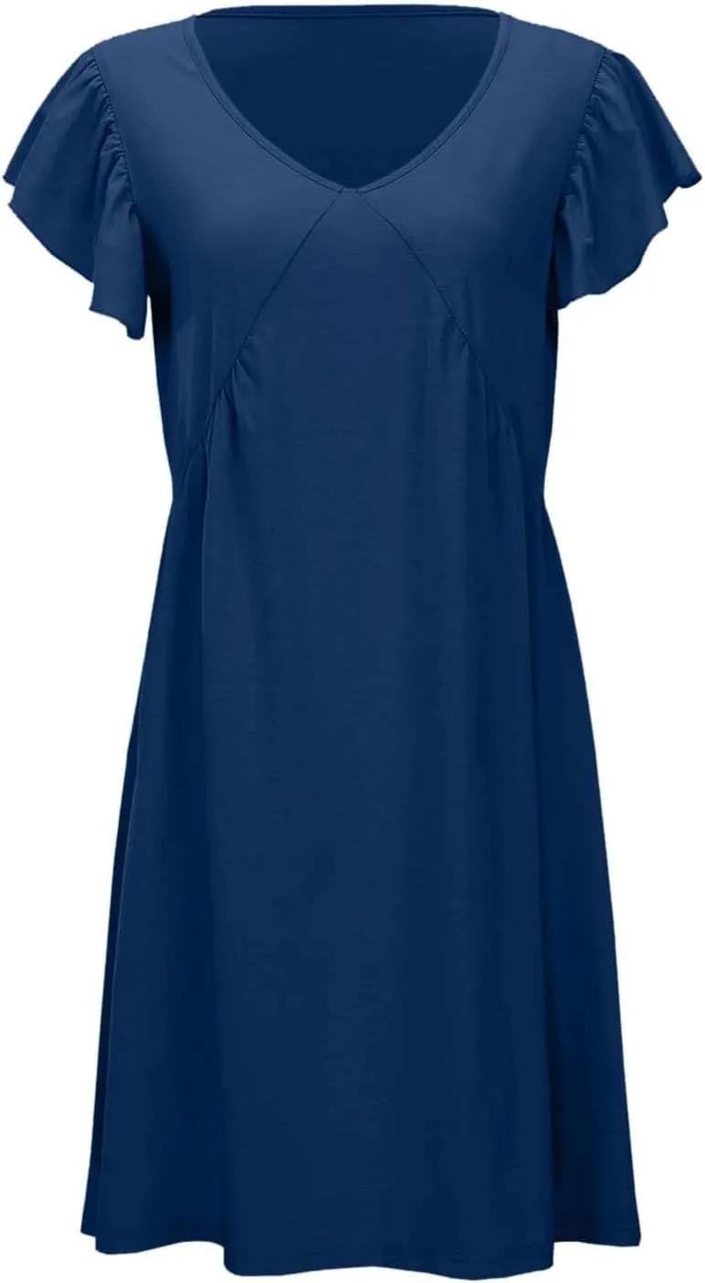 Women's Summer Dresses 2025 Beach Casual Deep V Neck Loose Sundress Ruffle Sleeve Mini Fashion Dress