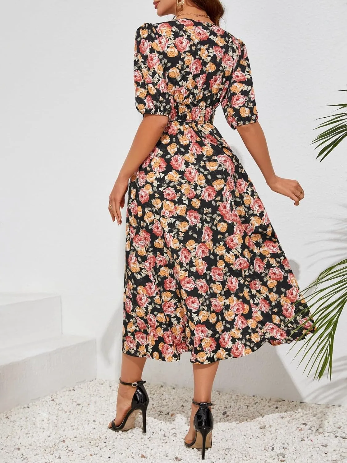 Womens Summer Dresses Floral Short Sleeve Smocked Maxi Dress Boho Plus Size A Line Flowy Beach Long Sundress