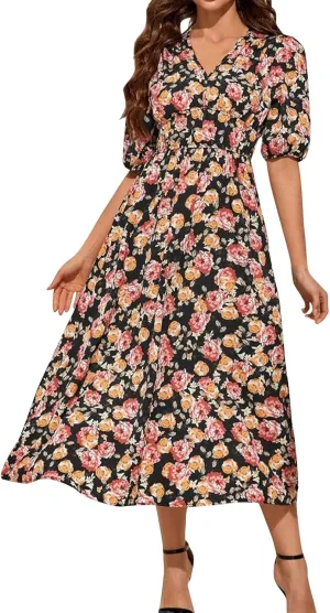 Womens Summer Dresses Floral Short Sleeve Smocked Maxi Dress Boho Plus Size A Line Flowy Beach Long Sundress