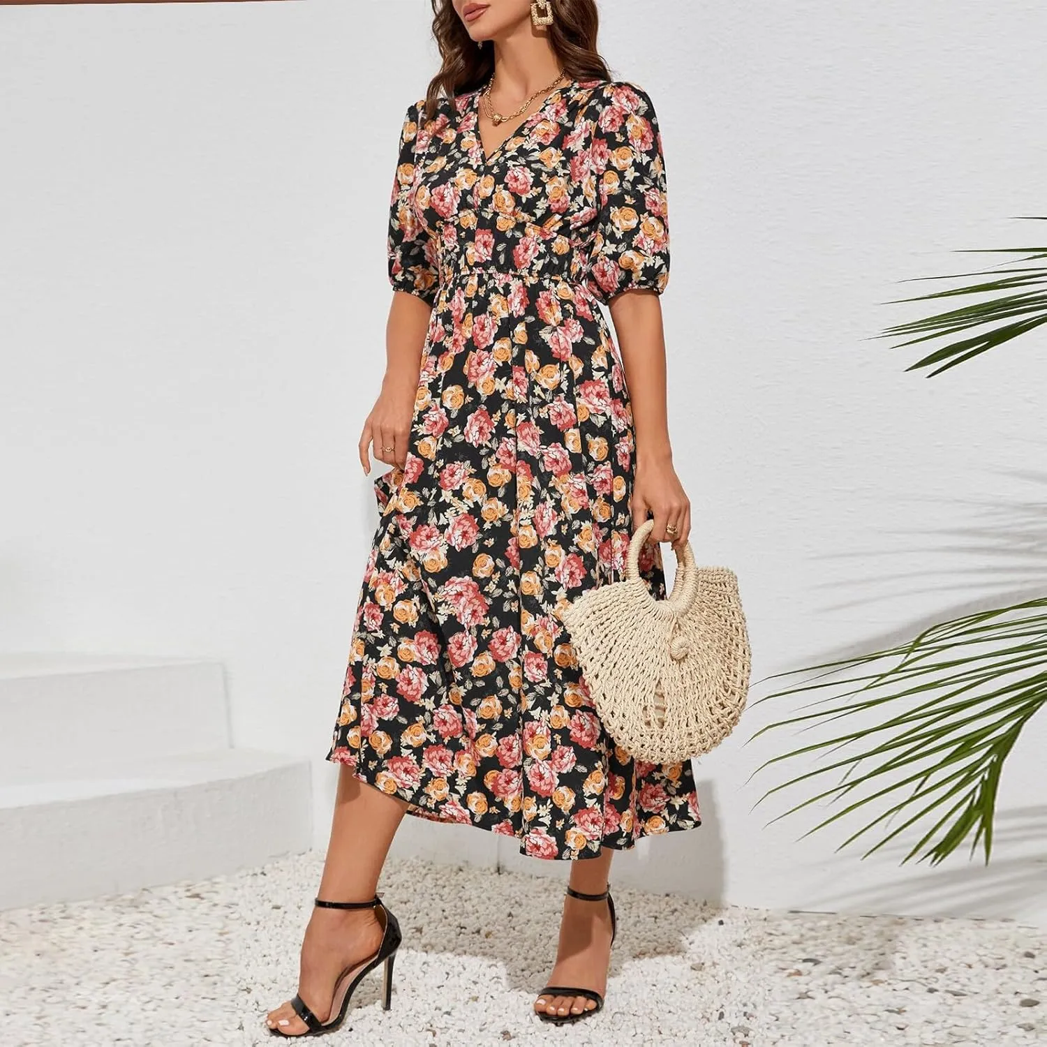 Womens Summer Dresses Floral Short Sleeve Smocked Maxi Dress Boho Plus Size A Line Flowy Beach Long Sundress