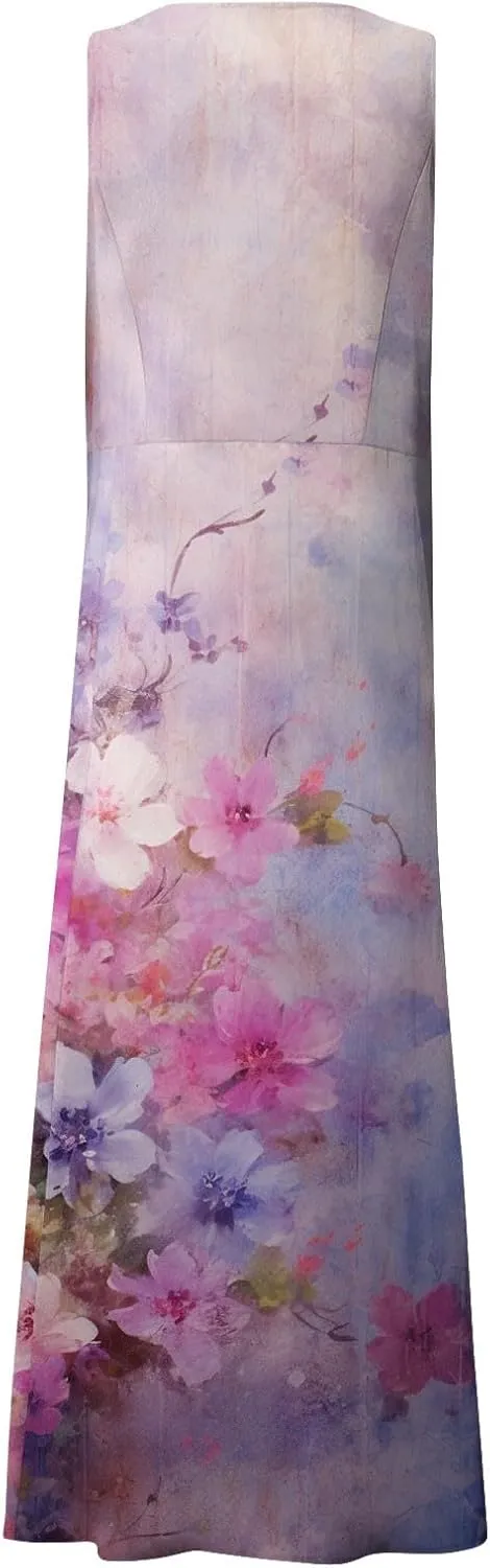 Womens Summer Dresses Sleeveless Floral Print Boho Dress U Neck A-Line Sundress Trendy Beach Dress with Pockets