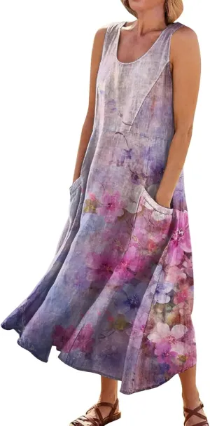 Womens Summer Dresses Sleeveless Floral Print Boho Dress U Neck A-Line Sundress Trendy Beach Dress with Pockets