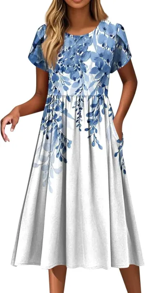 Womens Summer Fashion Dresses Round Neck Flutter Short Sleeve Midi Dress Boho Floral Printed Party Dresses