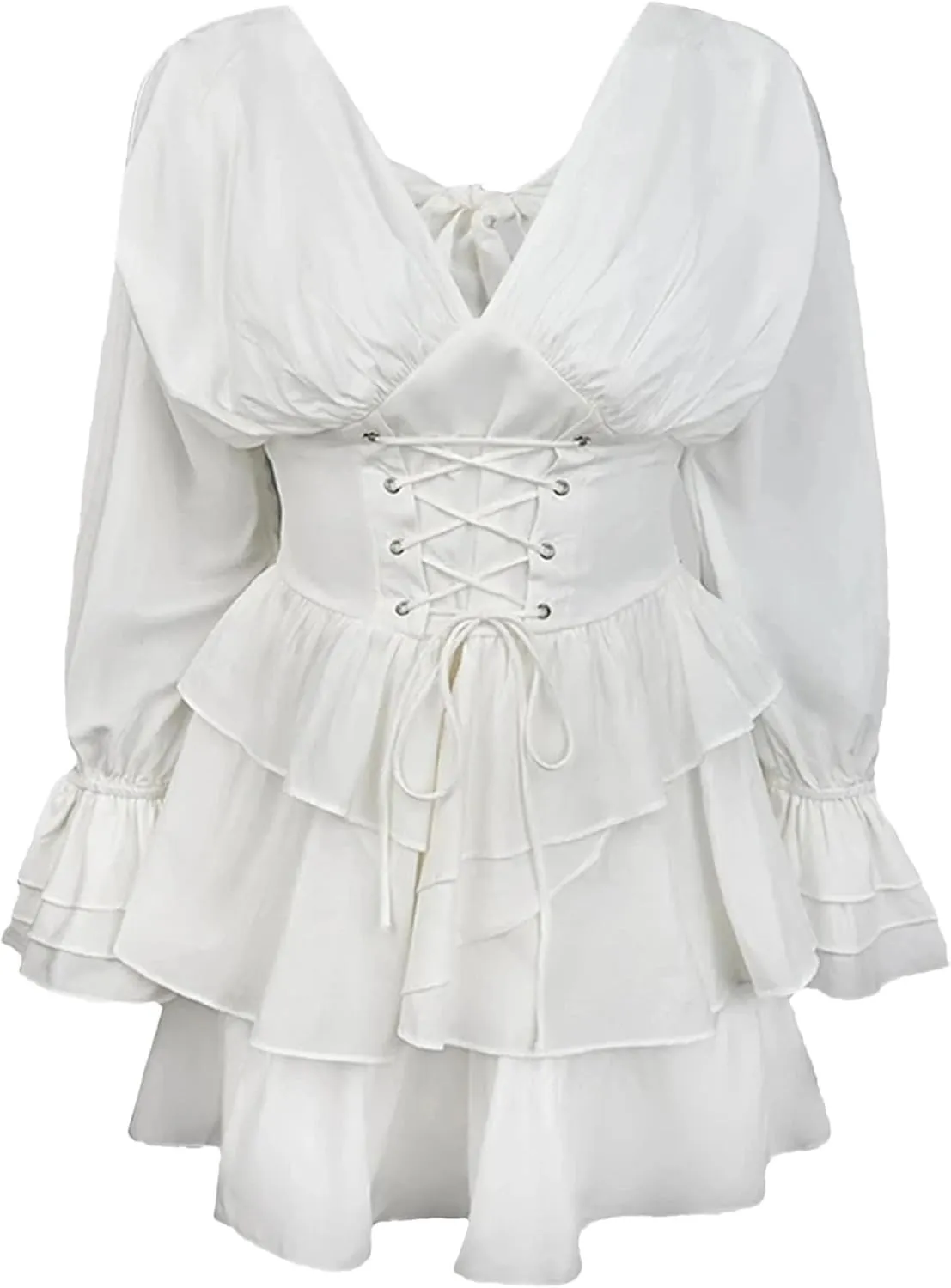 Women's Summer Flare Sleeve Mini Dresses V Neck High Waist Lace Up Print Ruffles Dress