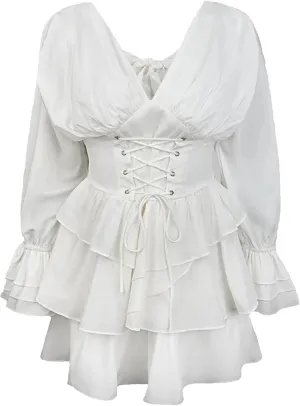 Women's Summer Flare Sleeve Mini Dresses V Neck High Waist Lace Up Print Ruffles Dress