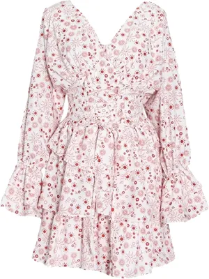 Women's Summer Flare Sleeve Mini Dresses V Neck High Waist Lace Up Print Ruffles Dress