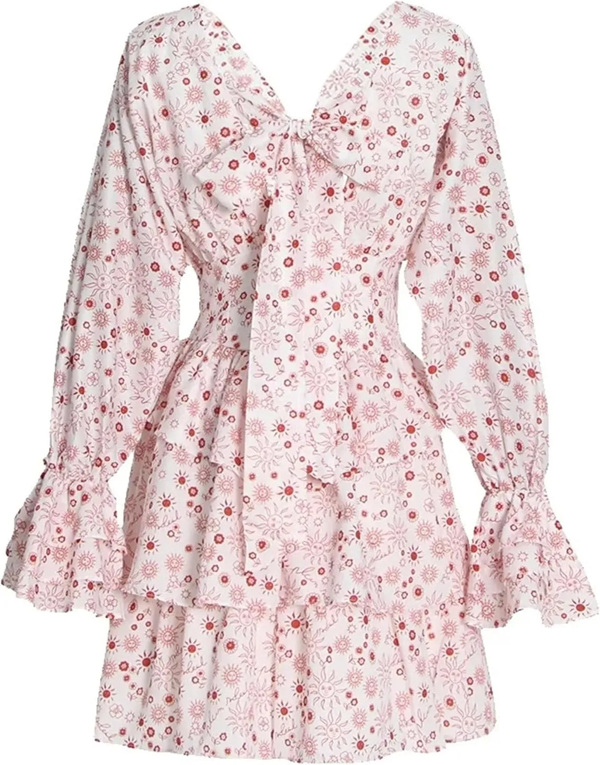 Women's Summer Flare Sleeve Mini Dresses V Neck High Waist Lace Up Print Ruffles Dress