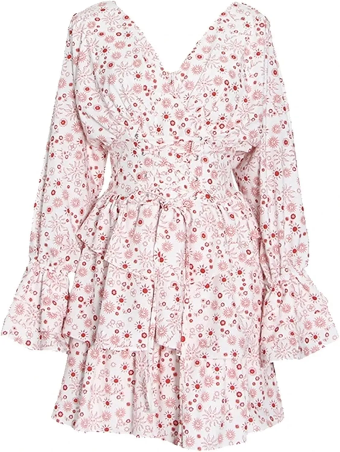 Women's Summer Flare Sleeve Mini Dresses V Neck High Waist Lace Up Print Ruffles Dress