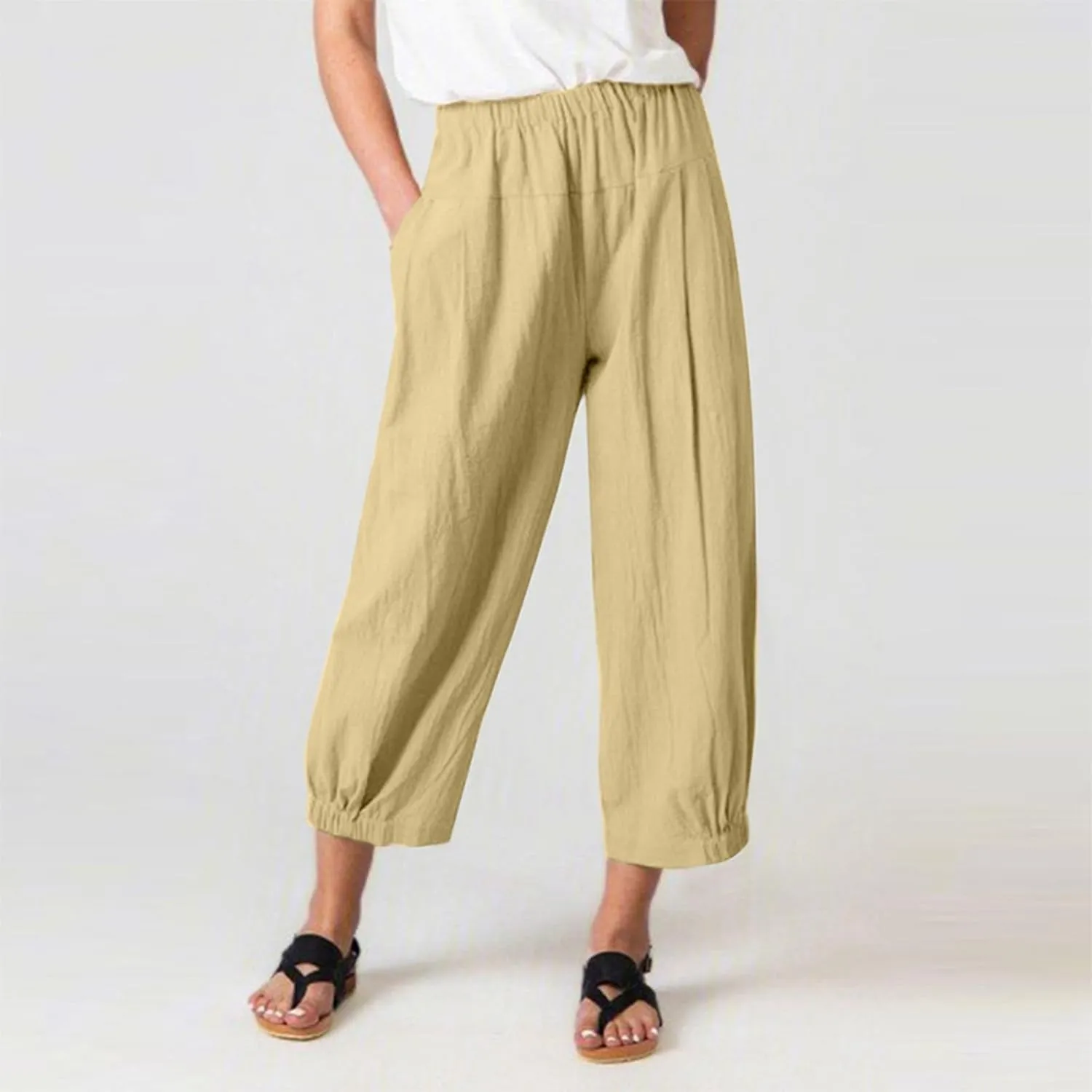 Women's Summer High Waisted Baggy Harem Pants Casual Drawstring Ankle Length Baggy Trousers Slacks with Pockets