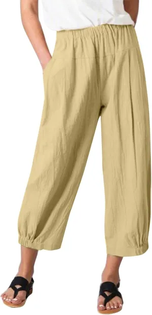 Women's Summer High Waisted Baggy Harem Pants Casual Drawstring Ankle Length Baggy Trousers Slacks with Pockets