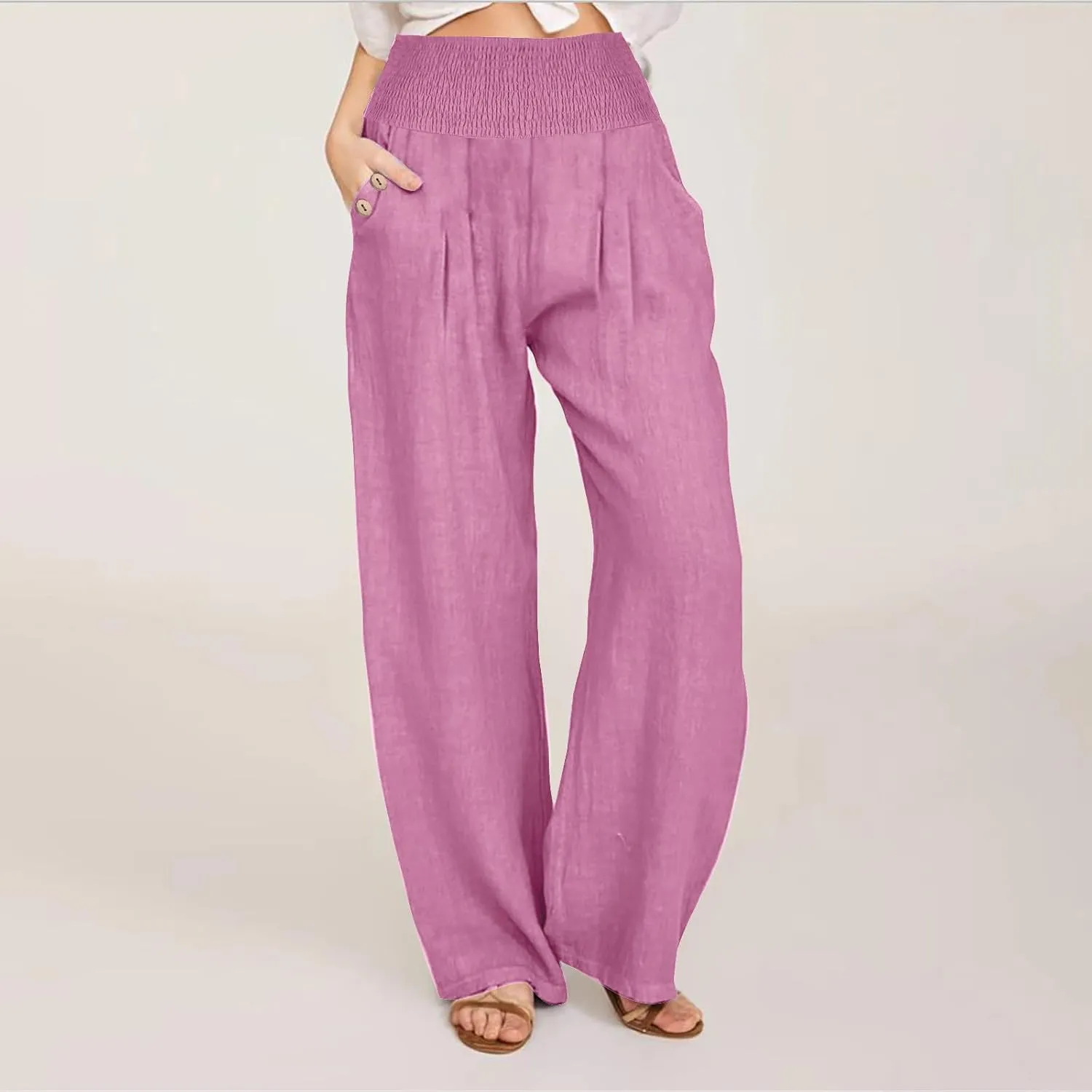 Women's Summer High Waisted Cotton Linen Pants with Pockets Wide Leg Long Lounge Palazzo Pants Loose Flowy Trousers